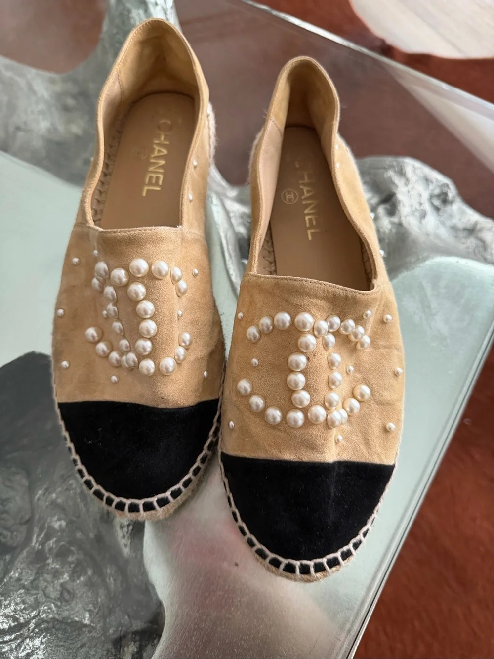 CHANEL Tan Suede Espadrilles with Black Toe and Pearl CC